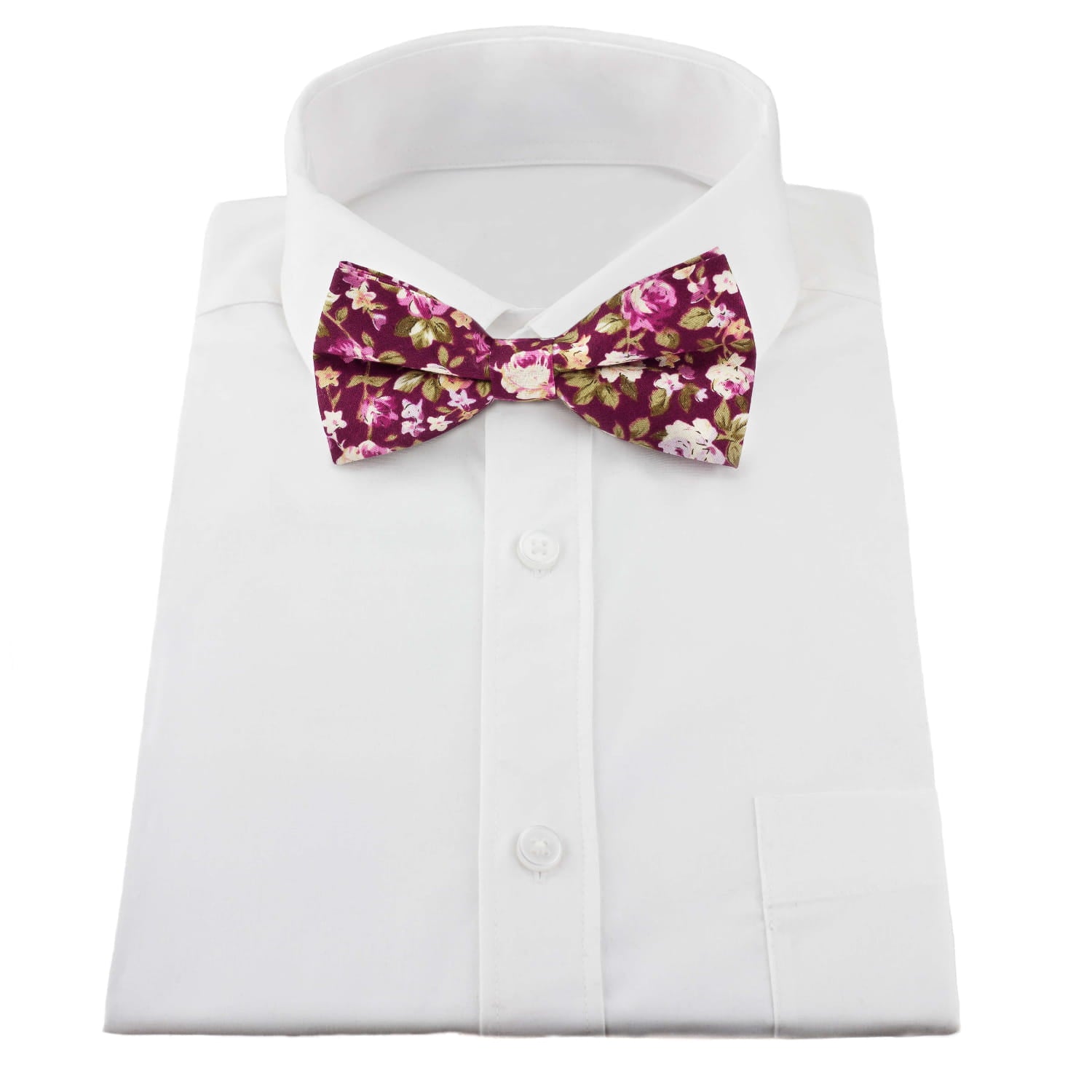White shirt with a floral bow tie on a white background