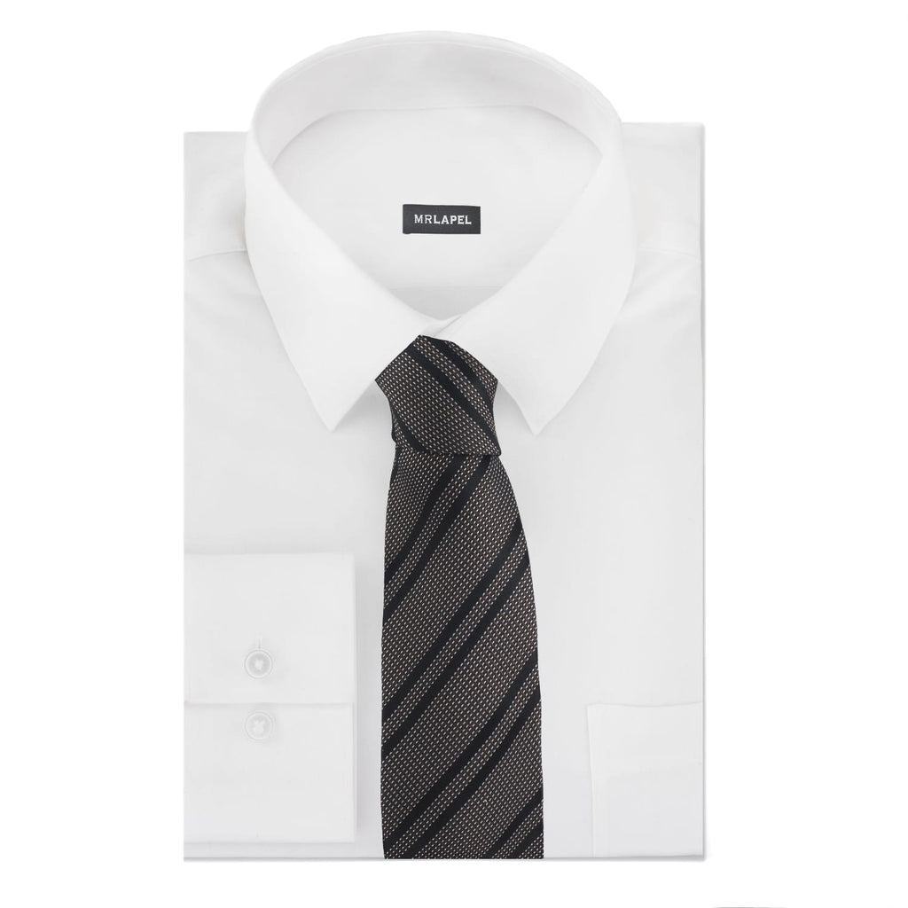White dress shirt with a black and gray striped tie on a white background