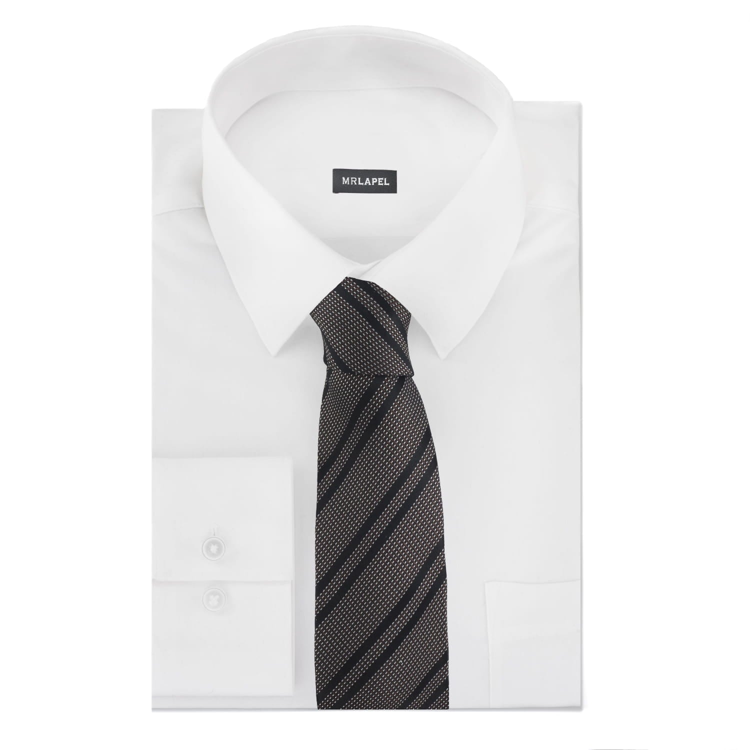 White dress shirt with a black and gray striped tie on a white background