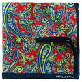Paisley patterned blanket with red, blue, and green colors on a white background