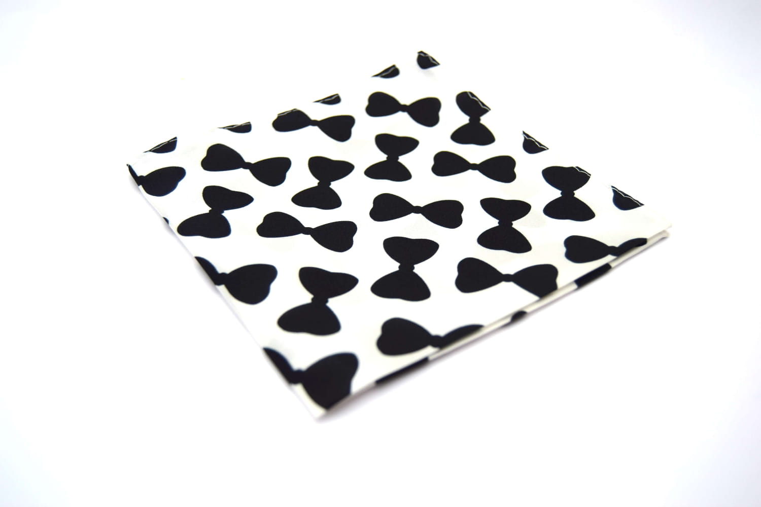 black and white pocket square with printed bow tie pattern