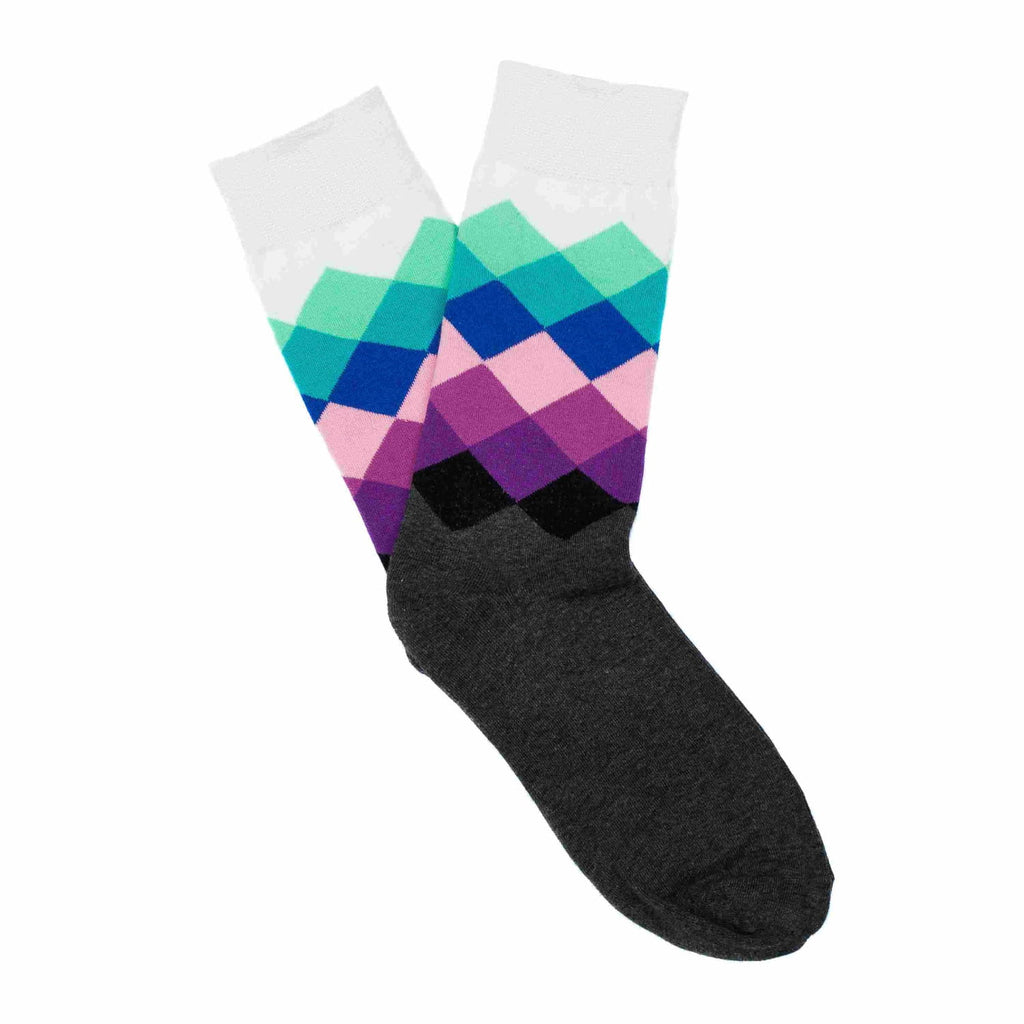 Colorful geometric-patterned sock with a black heel on a white background