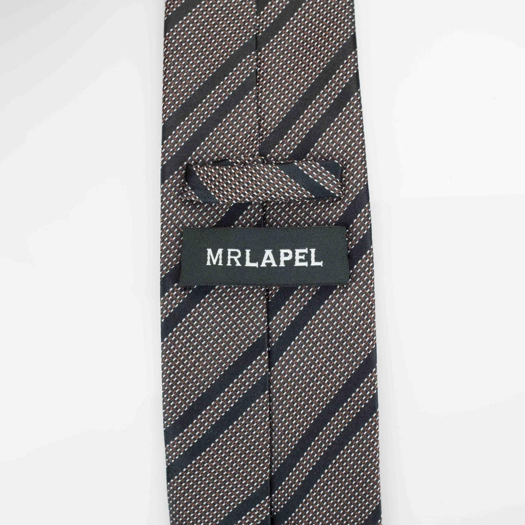 Gray tie with black diagonal stripes and a visible brand label on a white background