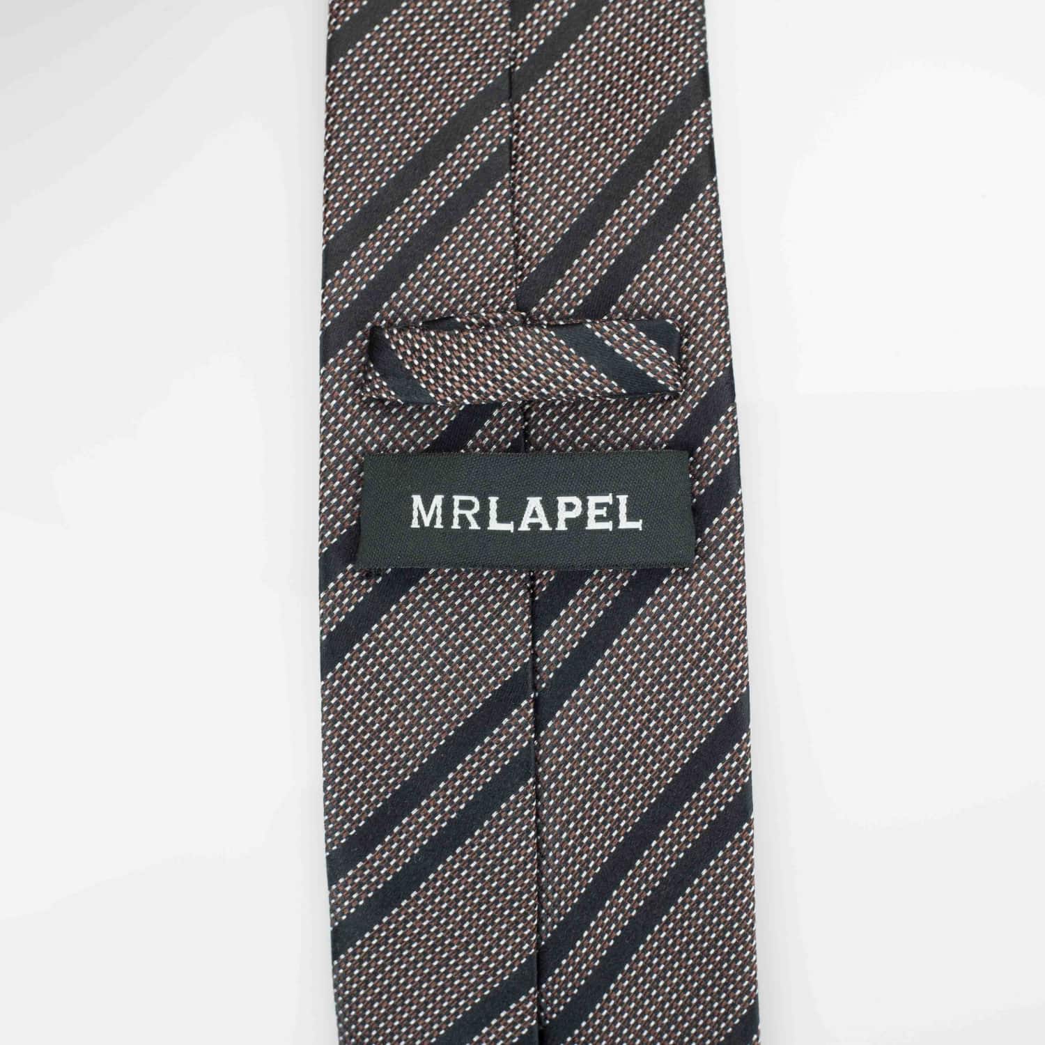 Gray tie with black diagonal stripes and a visible brand label on a white background