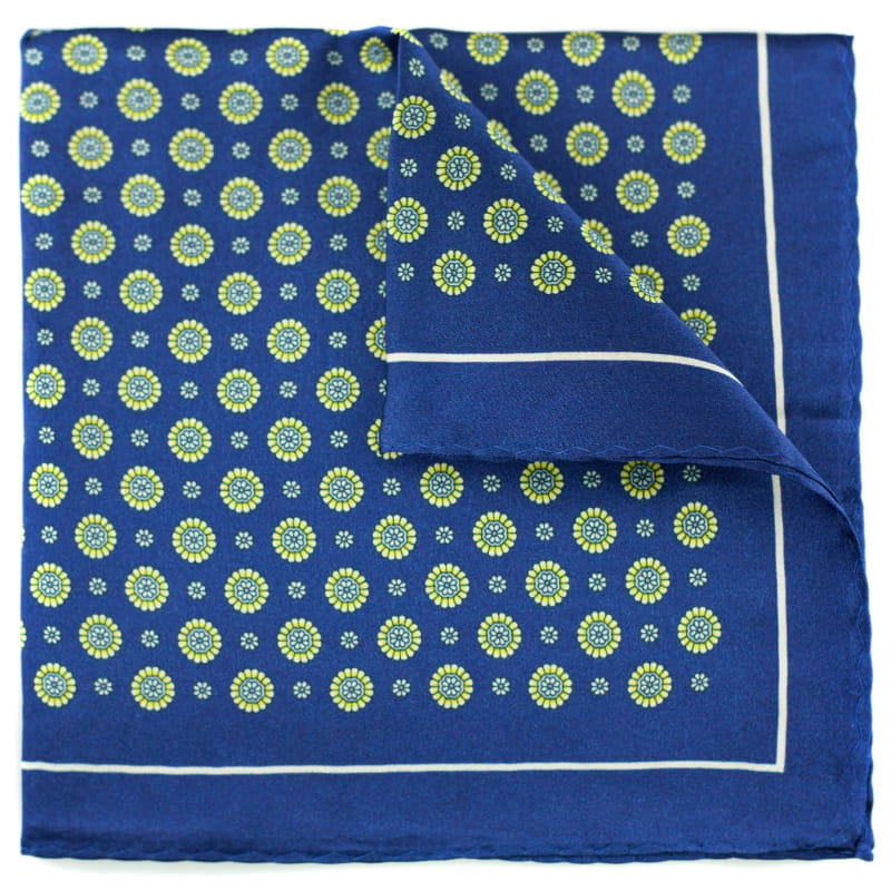 navy blue silk pocket square with yellow motif 