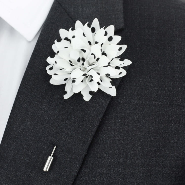 Silk Flower Lapel Pin, White and Black Polka Dots