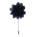 Navy blue flower lapel pin on a white background