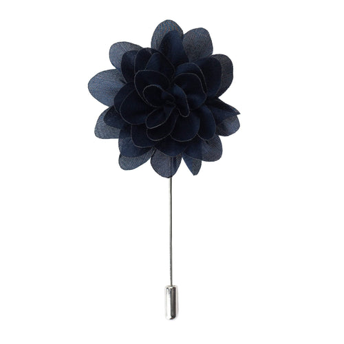 Navy blue flower lapel pin on a white background