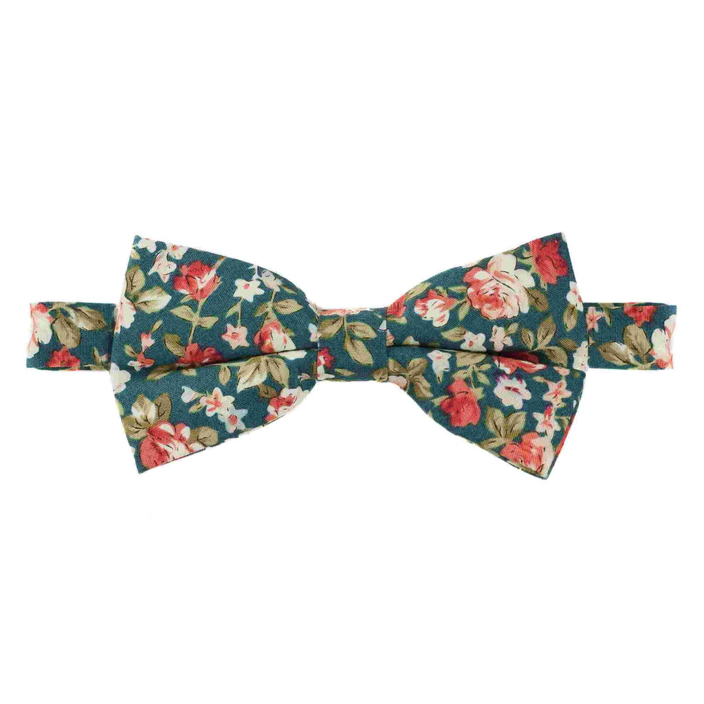 Green bow tie with pink and red flower motif on white background 