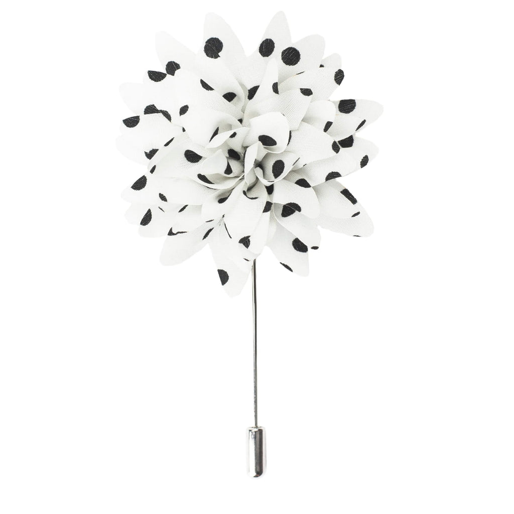 Silk Flower Lapel Pin, White and Black Polka Dots