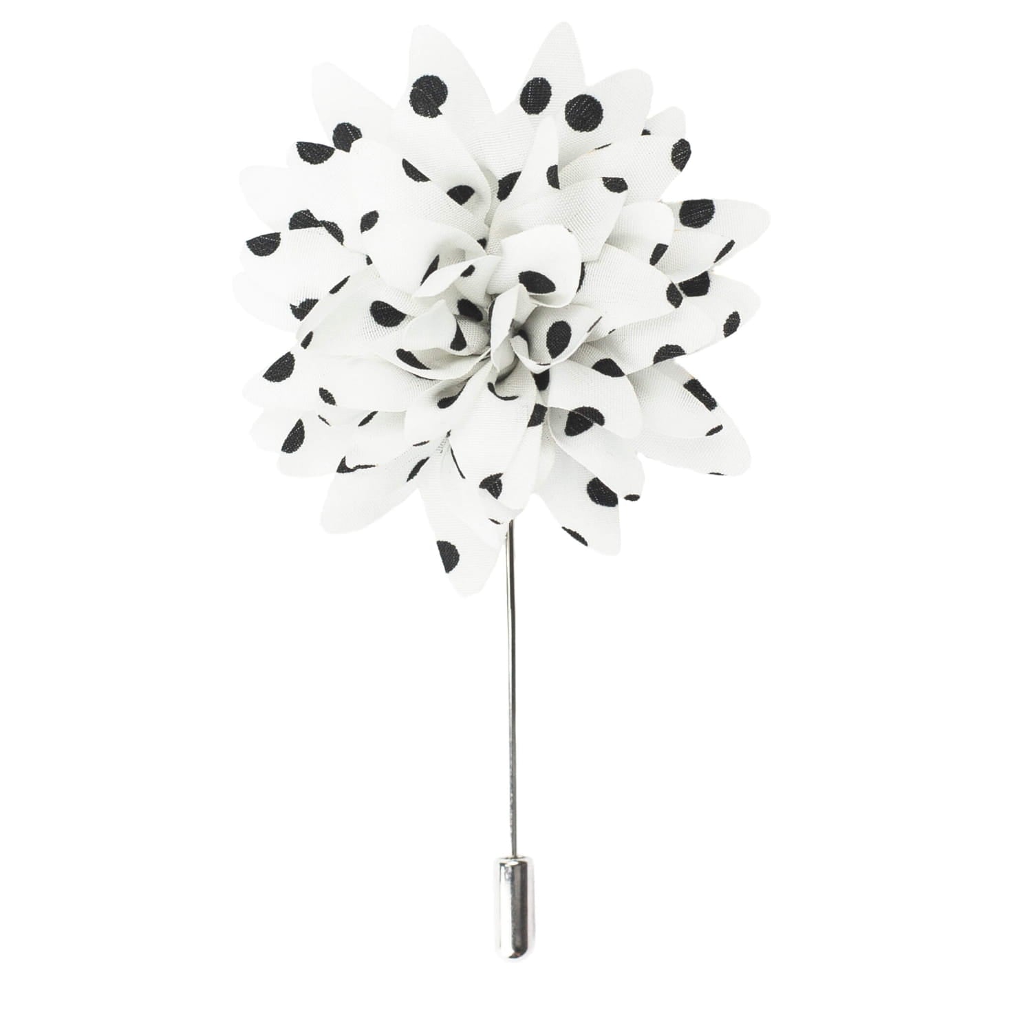 Silk Flower Lapel Pin, White and Black Polka Dots