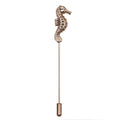 Bronze-colored seahorse-shaped lapel pin on a white background