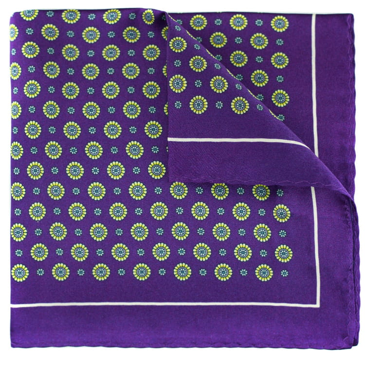 Purple fabric with green and yellow pattern