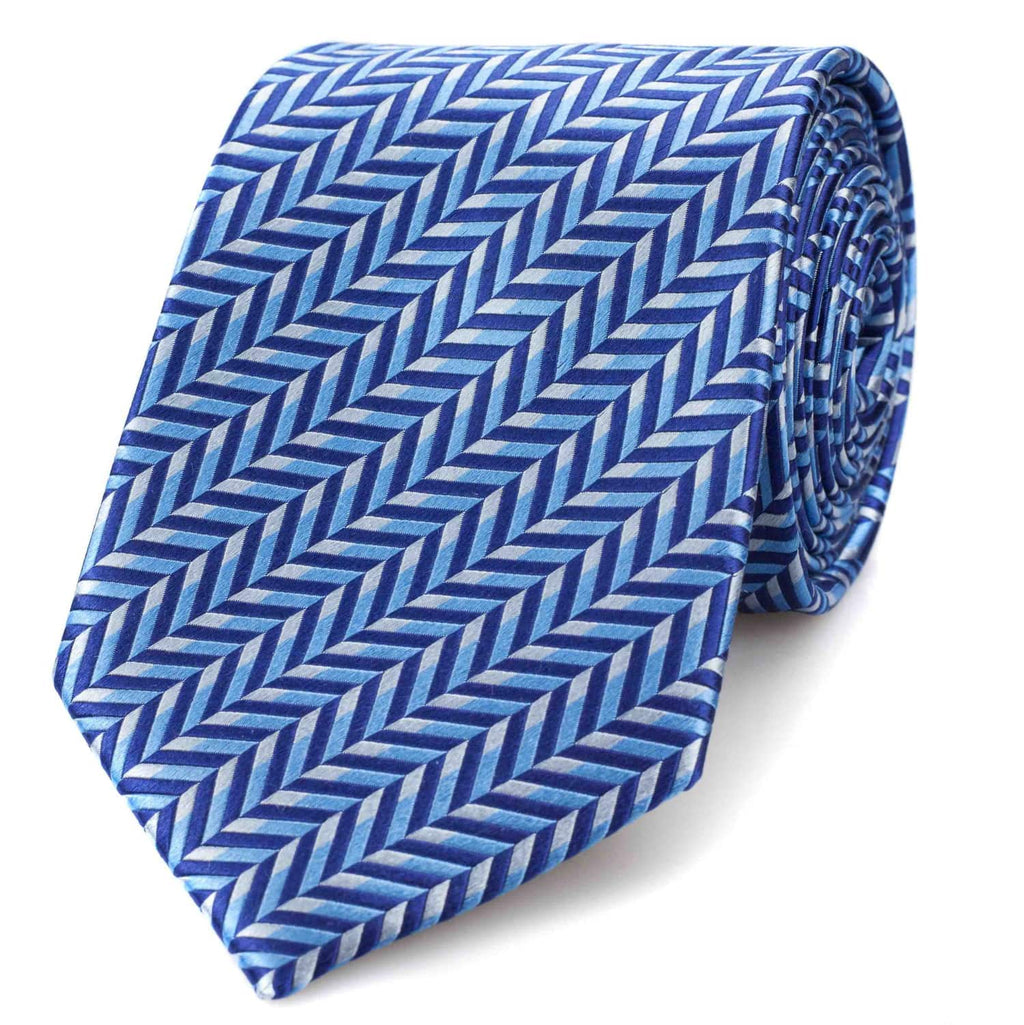 Blue and white patterned tie on a white background