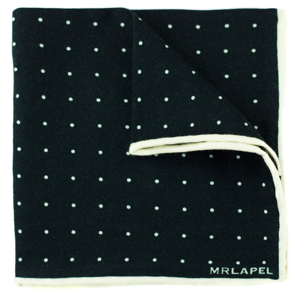 Black pocket square with white polka dots and a white border, branded 'MR LAPEL'.
