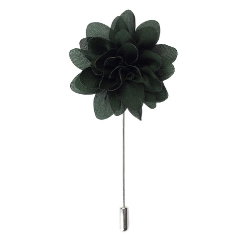 Dark green floral lapel pin on a white background