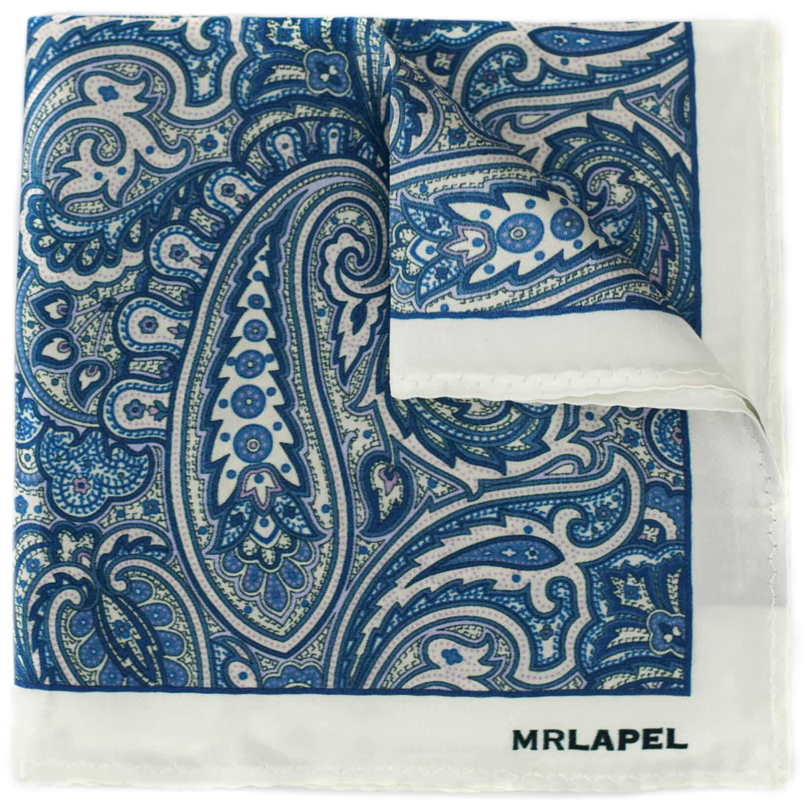 Blue and white paisley patterned pocket square with MRLAPEL branding.