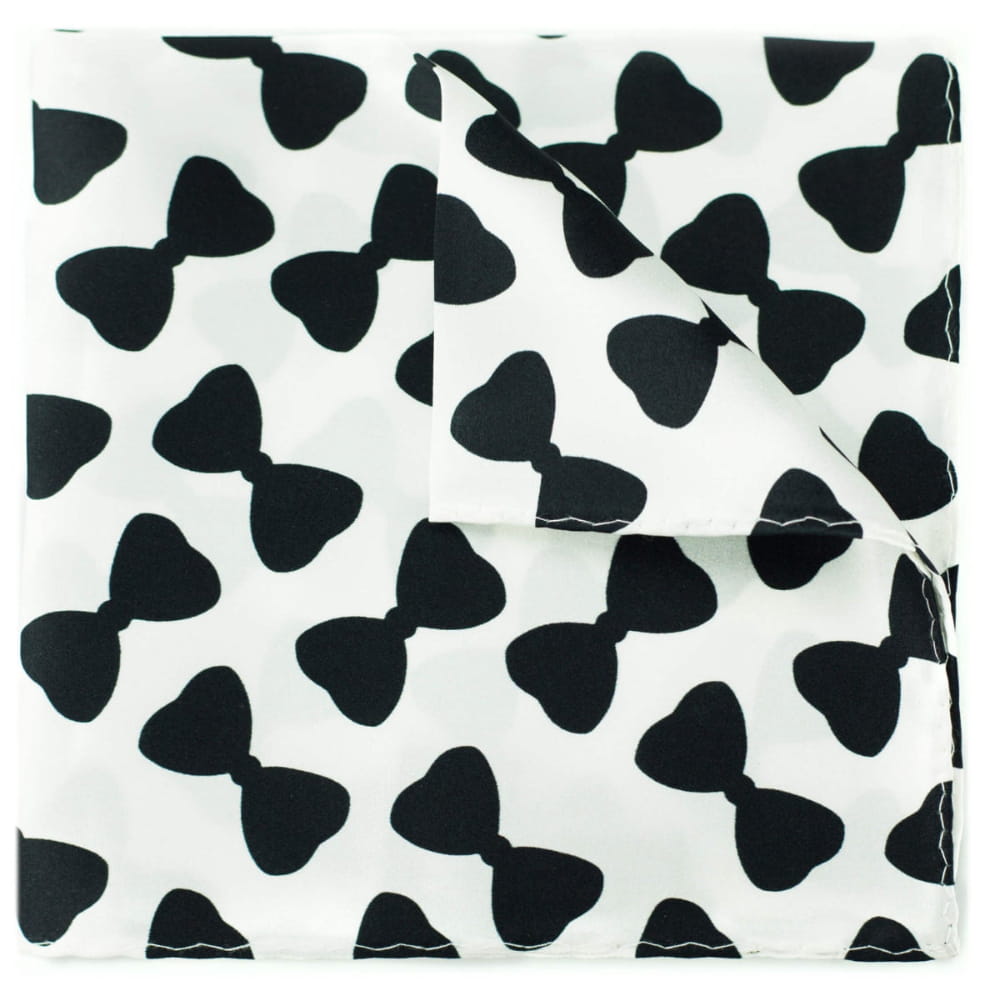 black and white pocket square with printed bow tie pattern