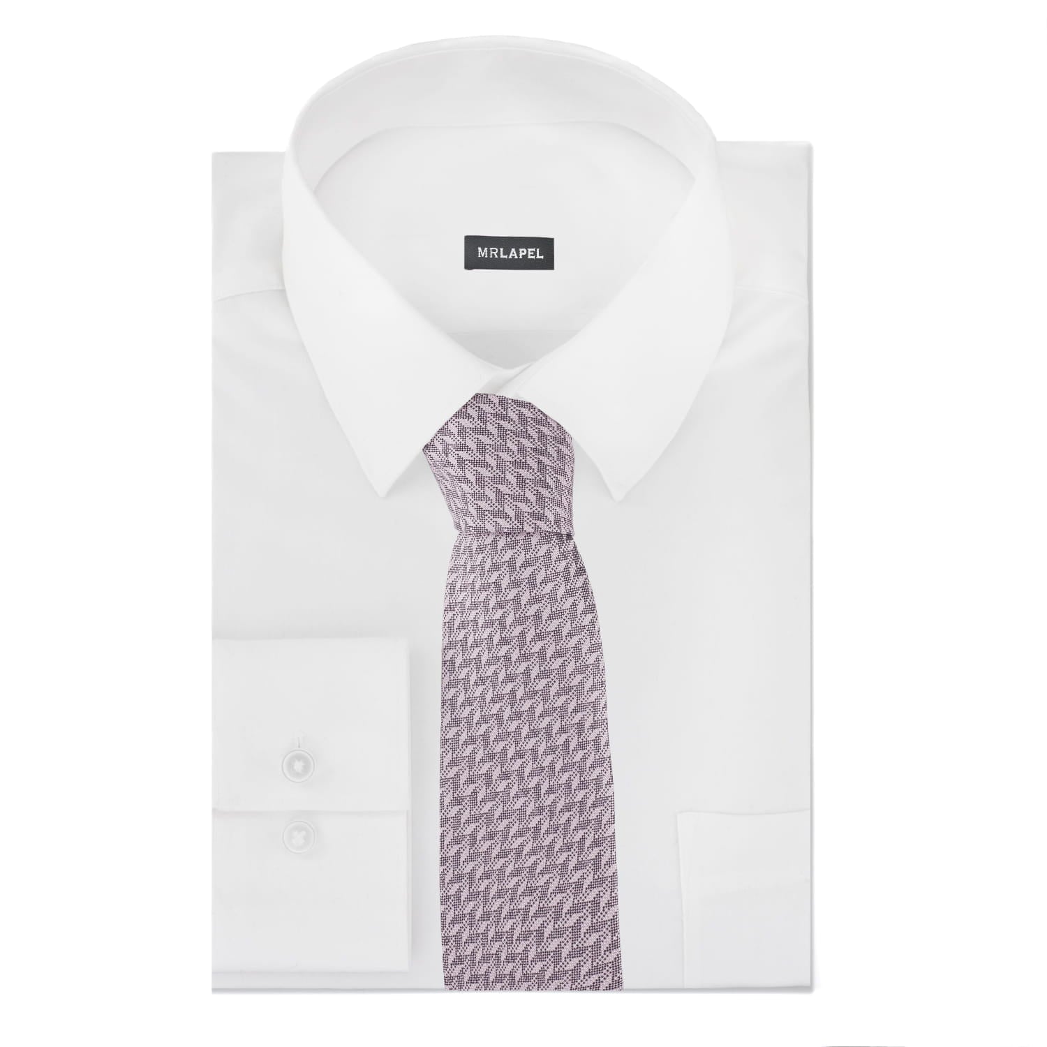 White dress shirt with a patterned tie on a white background