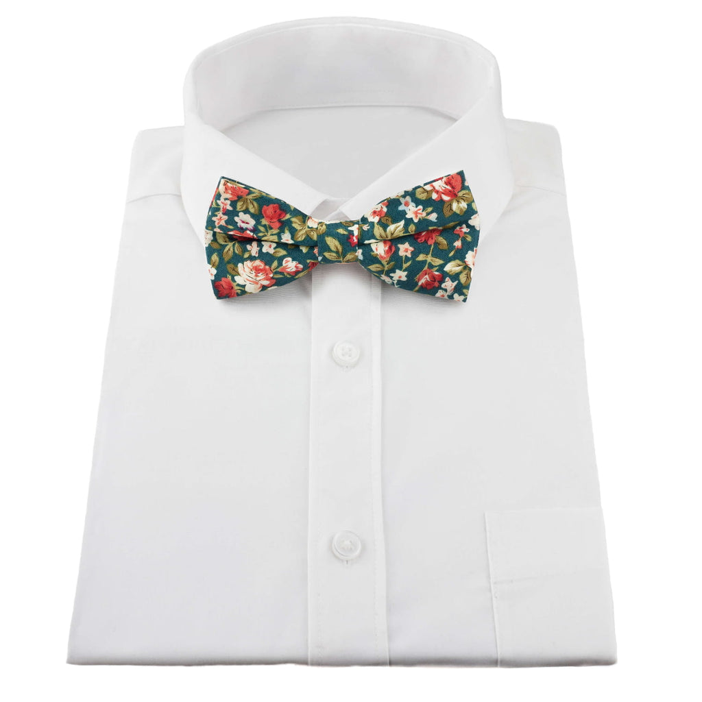 green floral bow tie on white shirt