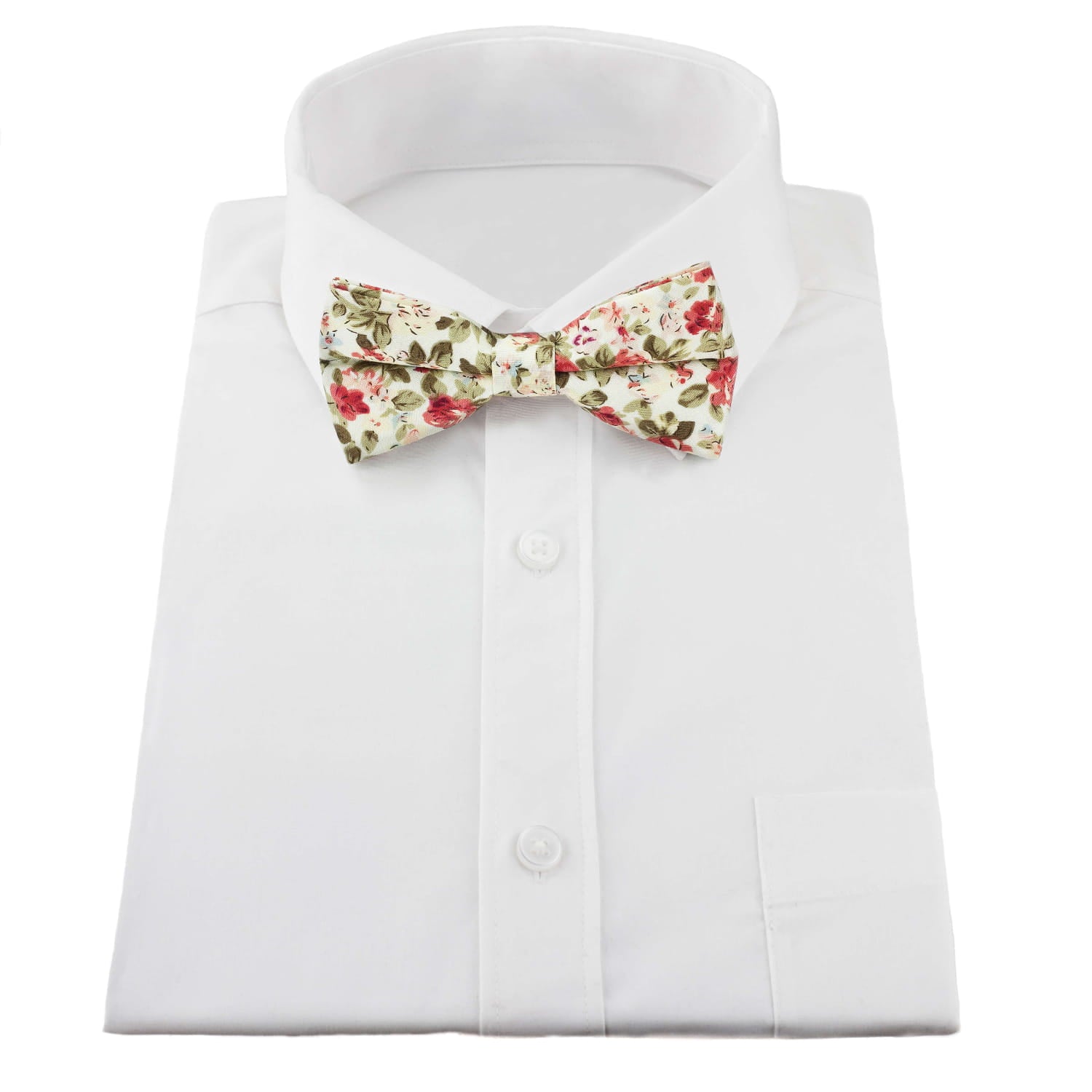 White dress shirt with a floral bow tie on a white background