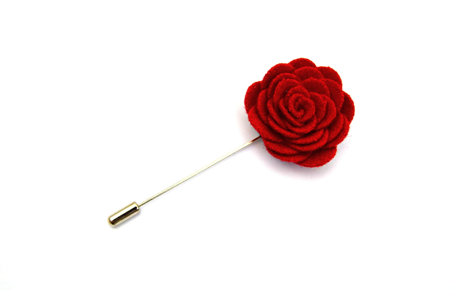 Red flower-shaped lapel pin on a white background