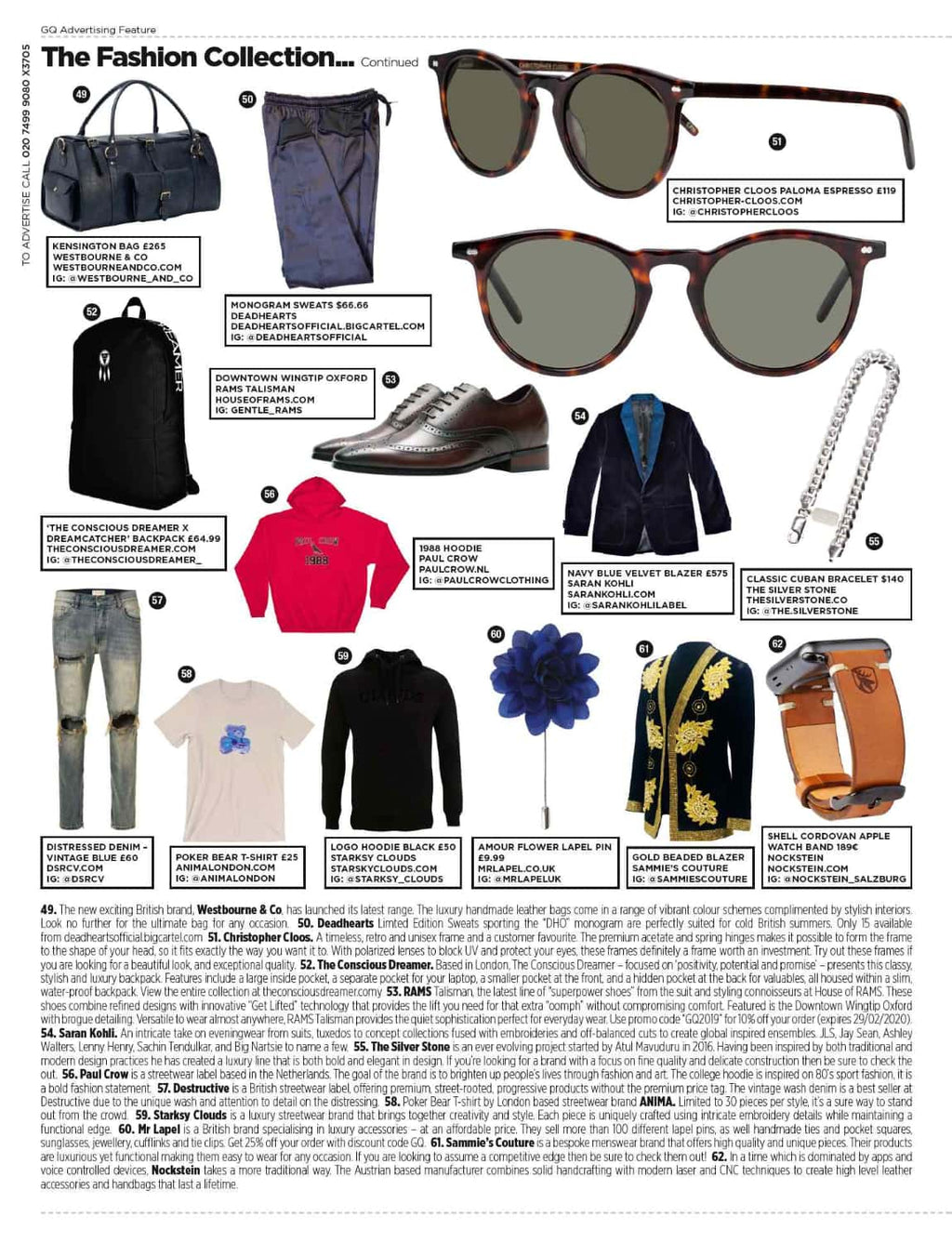 Fashion collection featuring bags, clothing, and accessories with brand names.