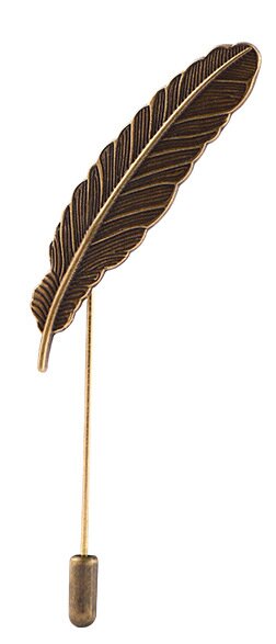 A bronze-colored feather-shaped lapel pin with a pin backing, displayed against a white background.
