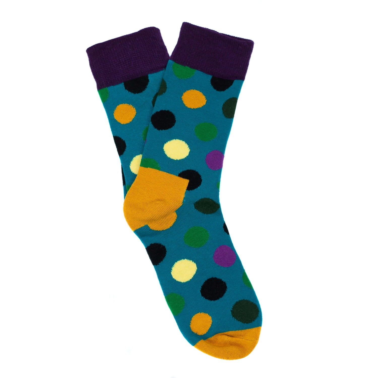 Colorful polka dot sock with a cartoon bear design on a white background