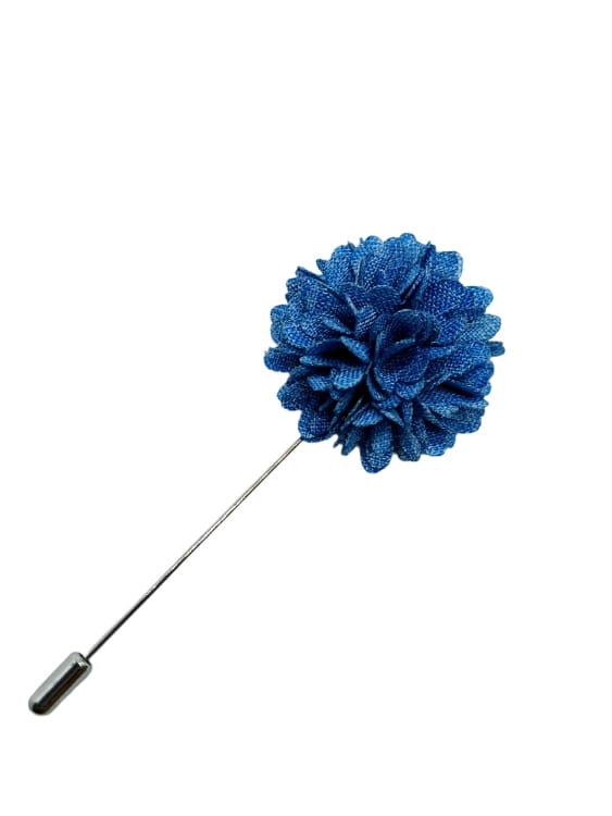 Blue floral lapel pin on a white background
