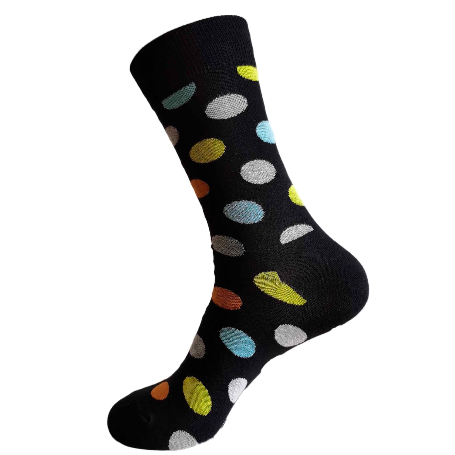 Black sock with colorful polka dots on a white background