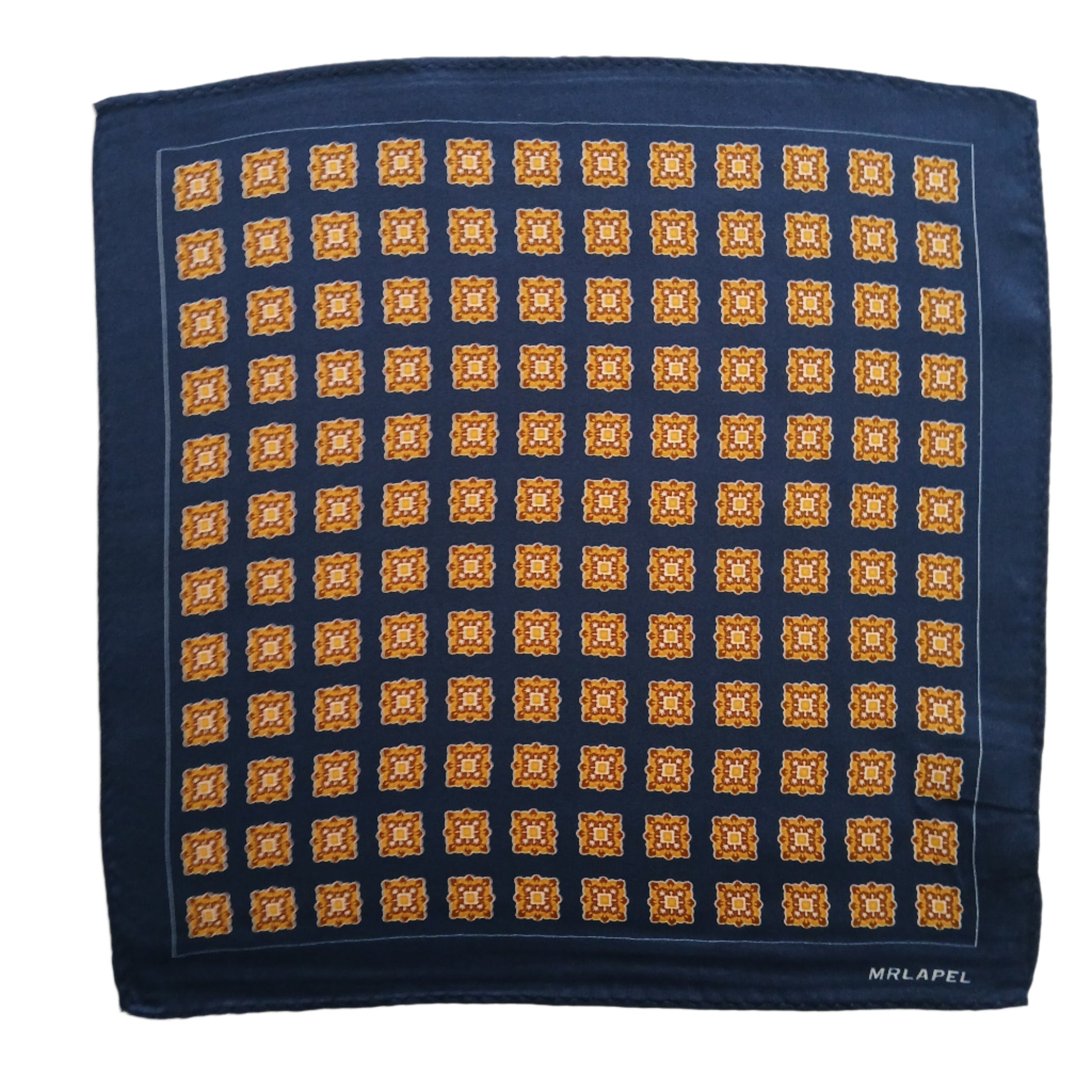 Navy blue and amber quatrefoil printed pocket square design for men's jacket