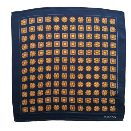 Navy blue pocket square with gold geometric pattern, branded 'MHLAPEL'.