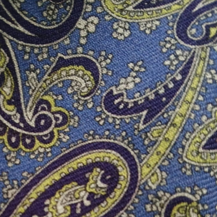 Close-up of a blue fabric with intricate paisley pattern