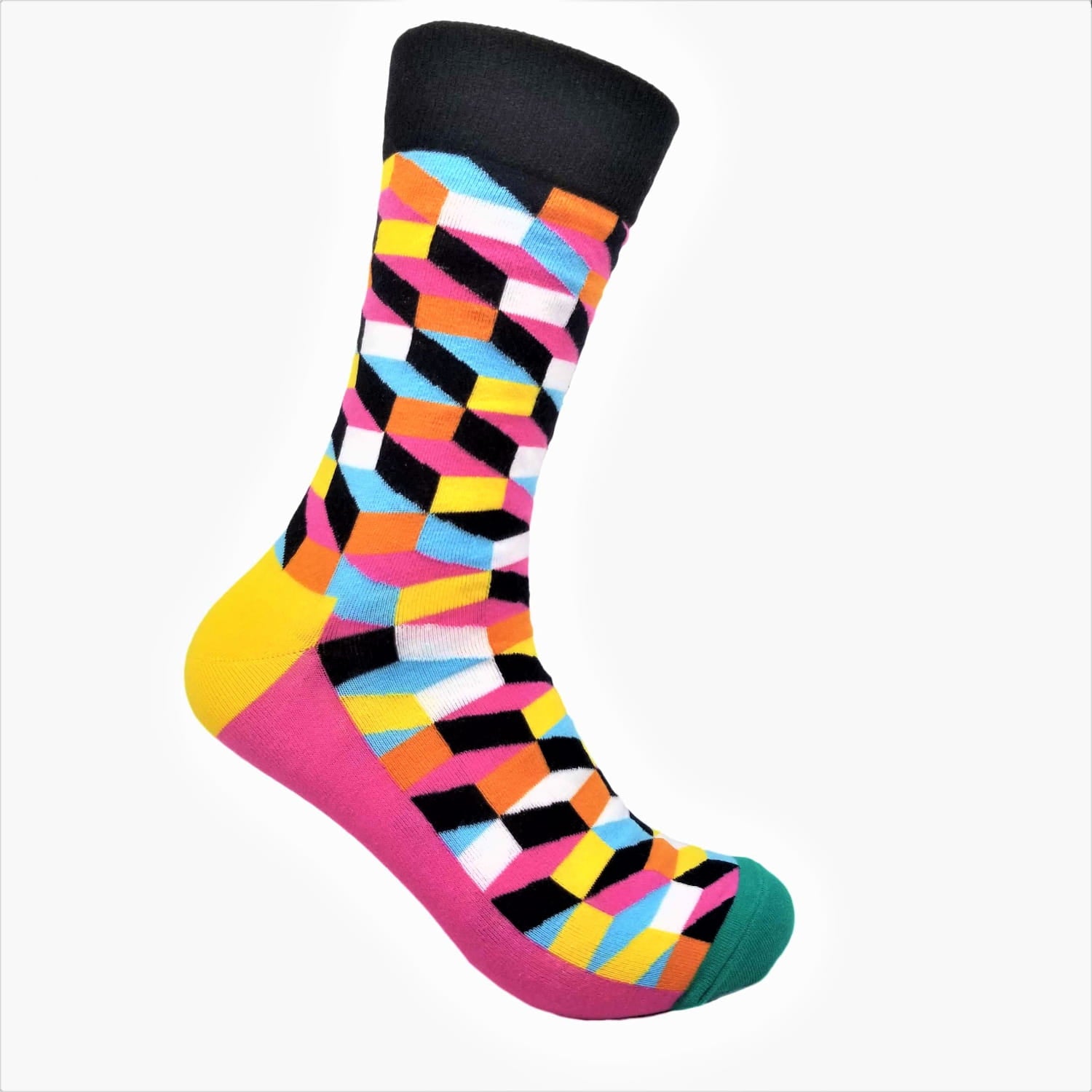 Colorful geometric-patterned sock on a white background