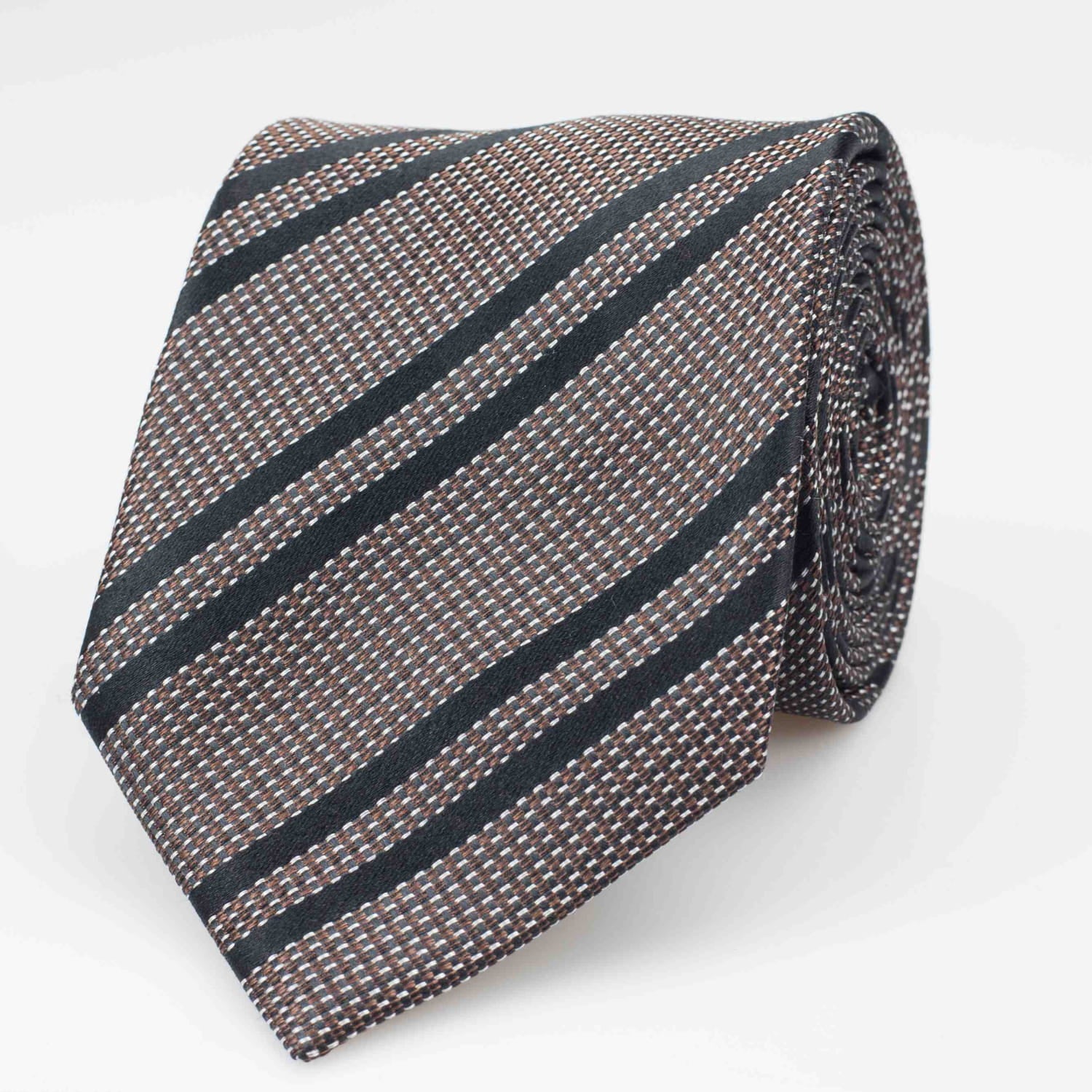 Striped tie with brown and black pattern on a white background