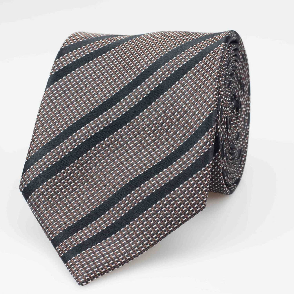brown tie with diagonal stripes on it in black, pictured against a white background