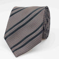 brown tie with diagonal stripes on it in black, pictured against a white background