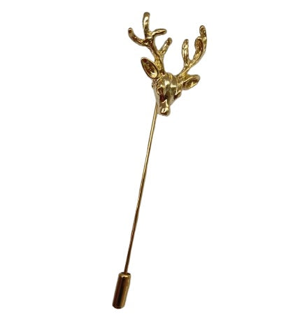 Gold deer head lapel pin on a white background