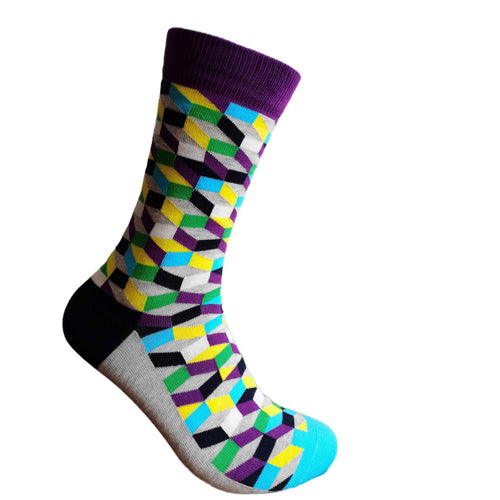 Colorful geometric patterned sock on a white background
