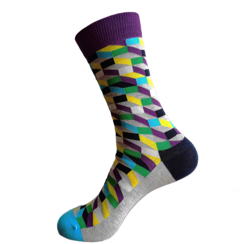 Colorful geometric-patterned sock on a white background