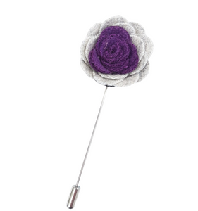grey lapel pin flower with purple centre