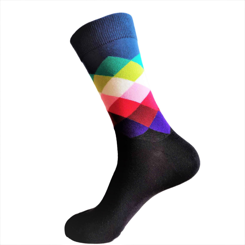 Colorful diamond patterned sock on a white background
