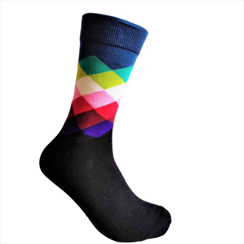 patterned socks with blue, pink, green and red checks