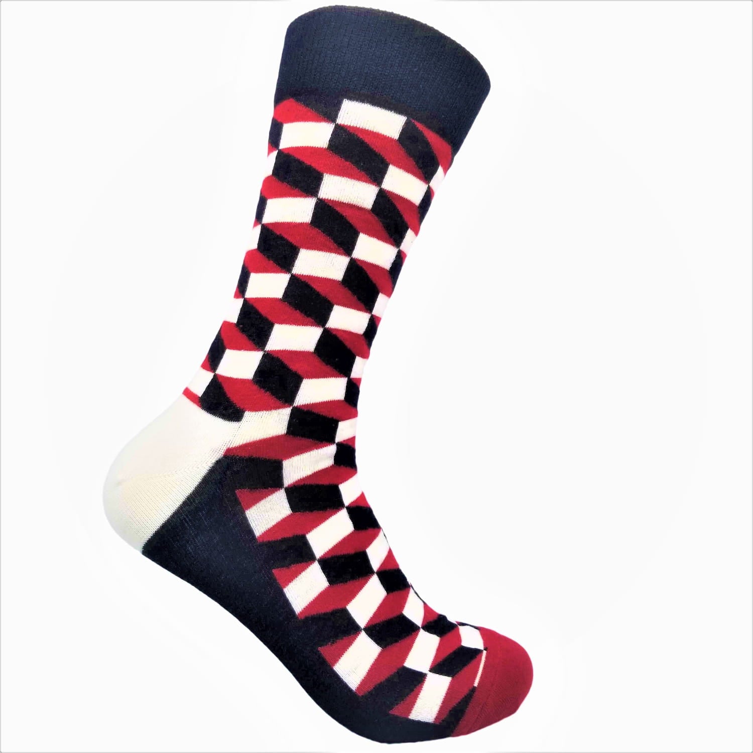 Checkered sock with red, white, and blue pattern on a white background