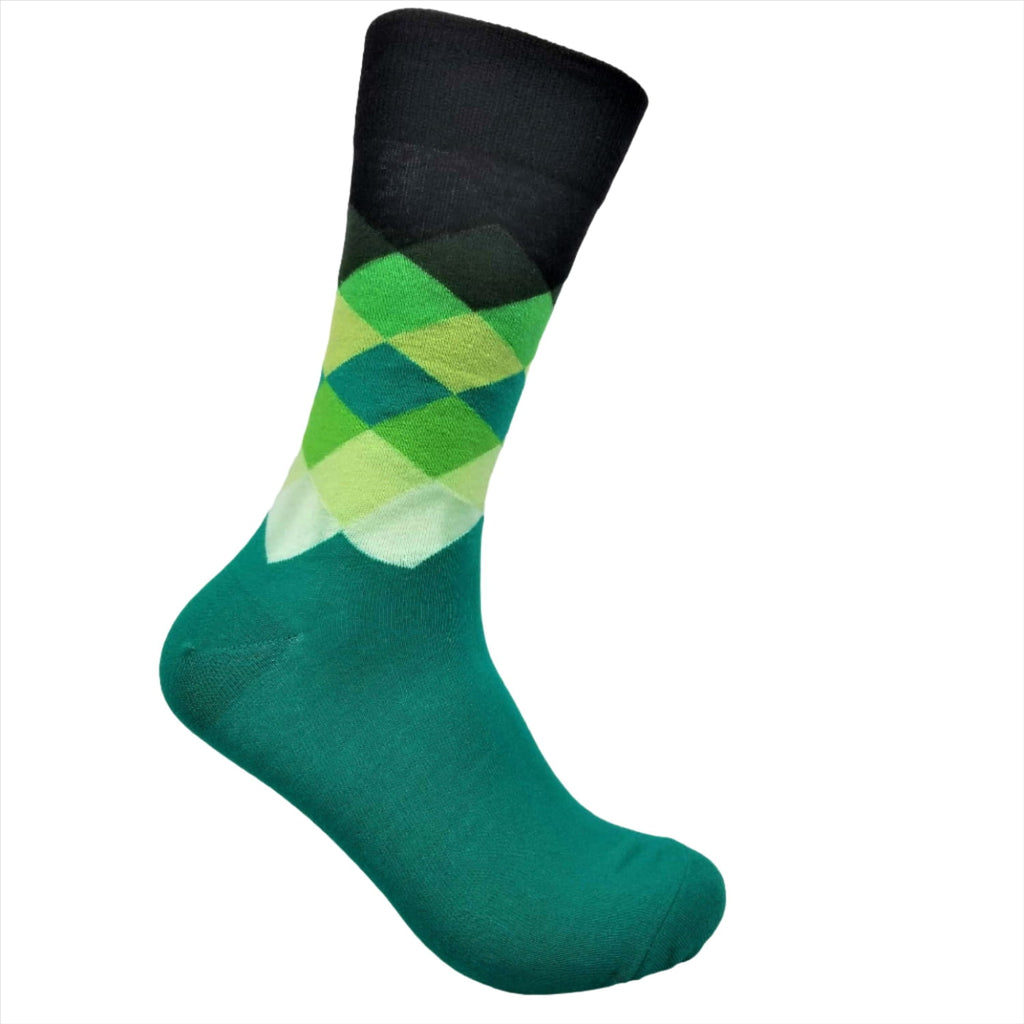 Green and black argyle patterned sock on a white background