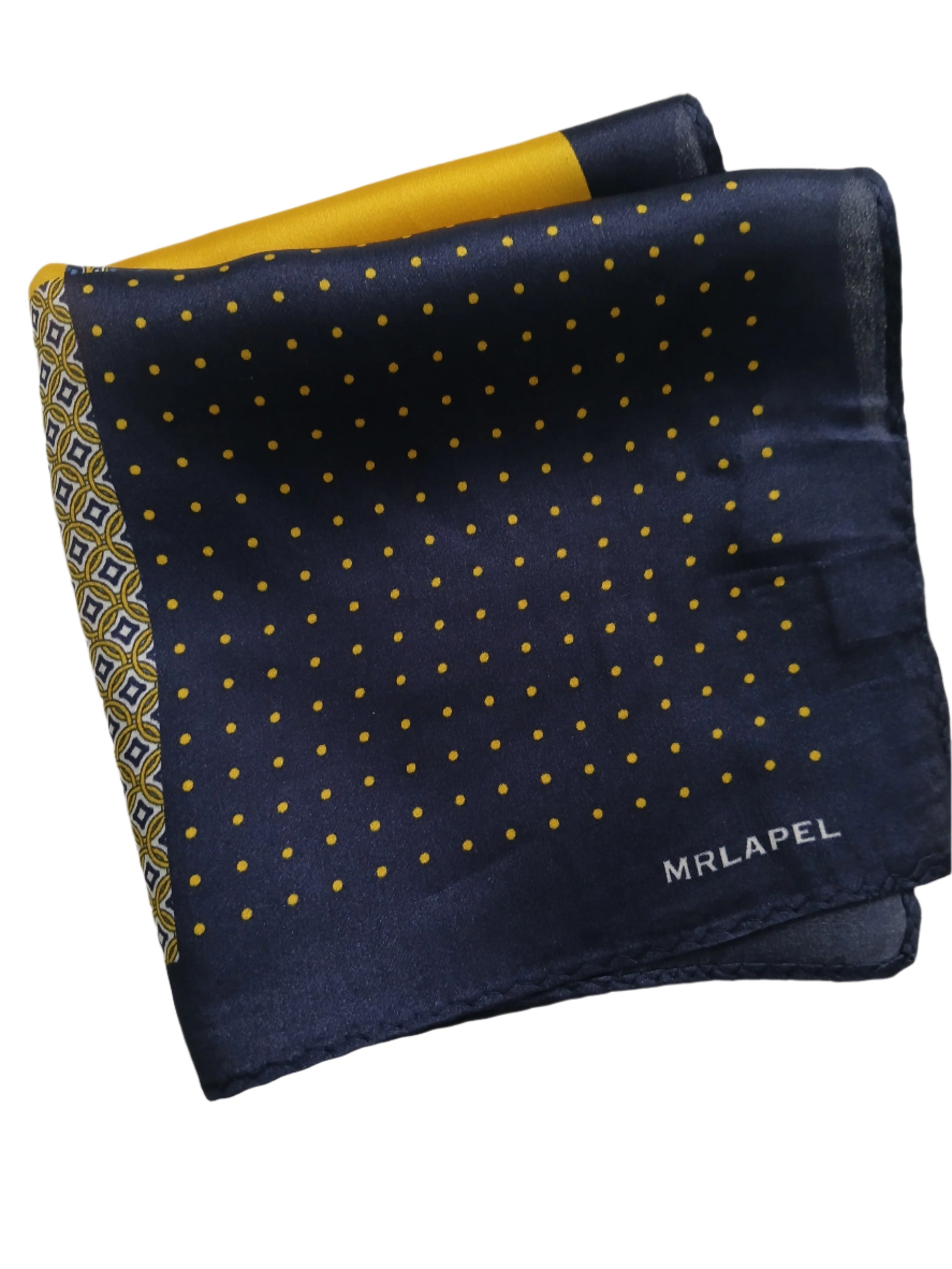 Silk pocket square with paisley patterns and polka dot motif