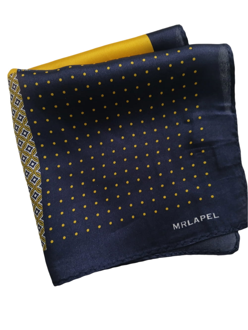 Navy pocket square with gold polka dots and a geometric pattern, branded 'MRLAPEL'.