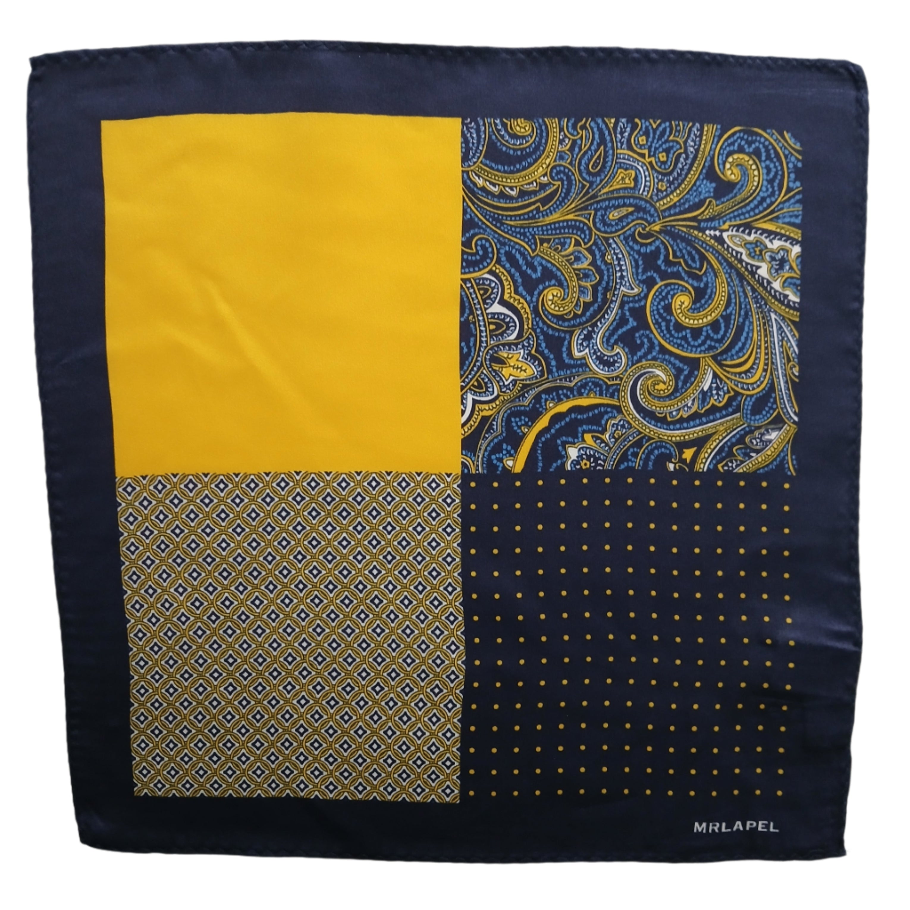 Pocket square with four quadrants, including navy and yellow polka dot, blue paisley, a gold motif, and a solid yellow square