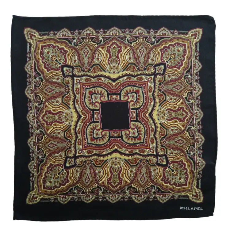 Decorative paisley pattern on a black handkerchief